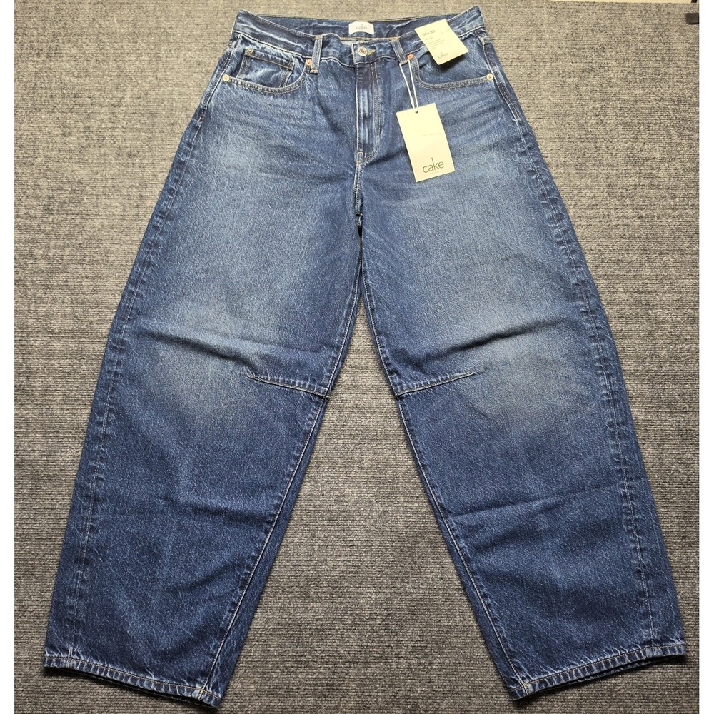 CAKE The Label Barrel Leg Jeans 31x30 High Rise Voluminous Tapered NWT Medium Wa